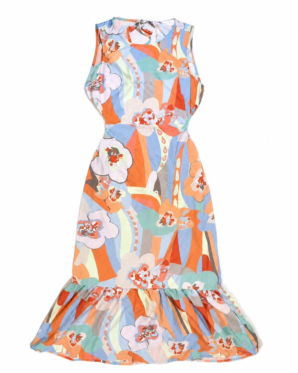 ASTR The Label Womens L Floral Cutout Ruffle Hem Maxi Dress Orange Blue